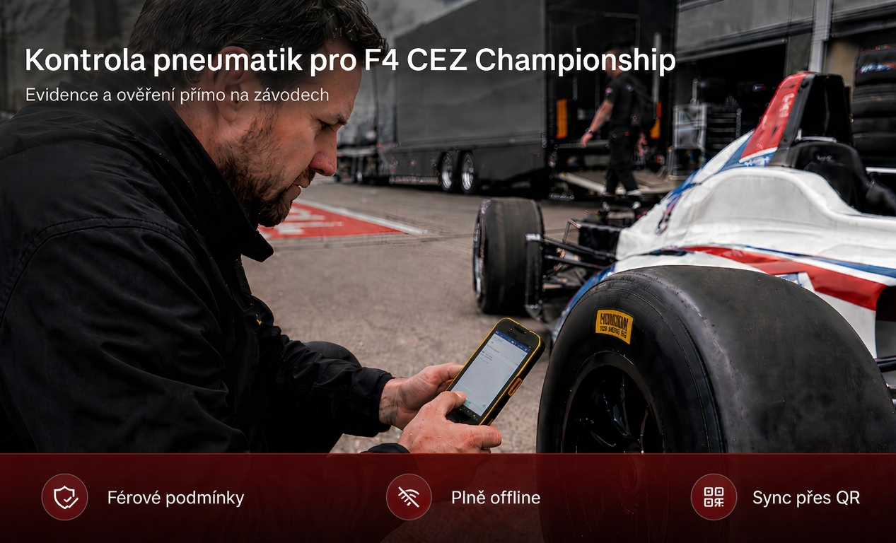Pracovn&iacute;k skenuje č&aacute;rov&yacute; k&oacute;d na pneumatice z&aacute;vodn&iacute; formule mobiln&iacute;m termin&aacute;lem CipherLab