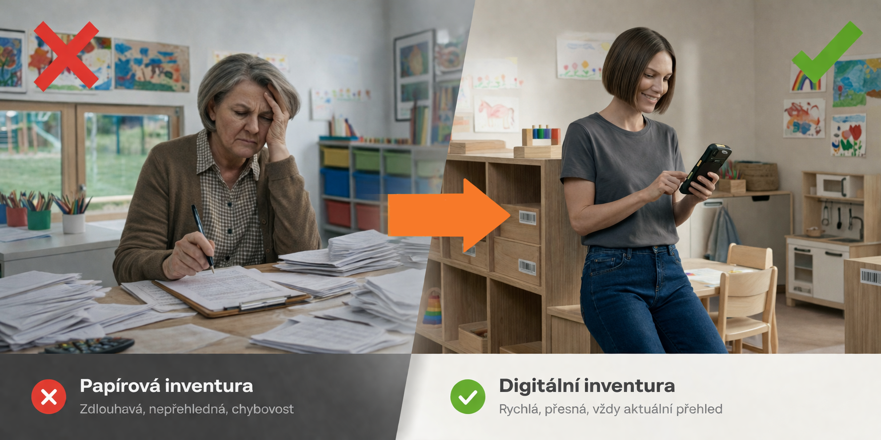 Učitelka ve &scaron;kolce prov&aacute;d&iacute; inventuru prostřednictv&iacute;m mobiln&iacute;ho termin&aacute;lu