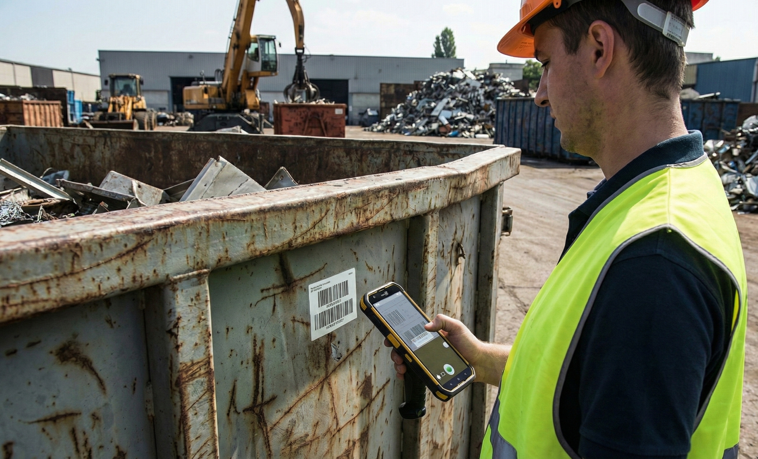 Pracovn&iacute;k skenuje č&aacute;rov&yacute; k&oacute;d na kontejneru mobiln&iacute;m termin&aacute;lem v are&aacute;lu kovo&scaron;rotu