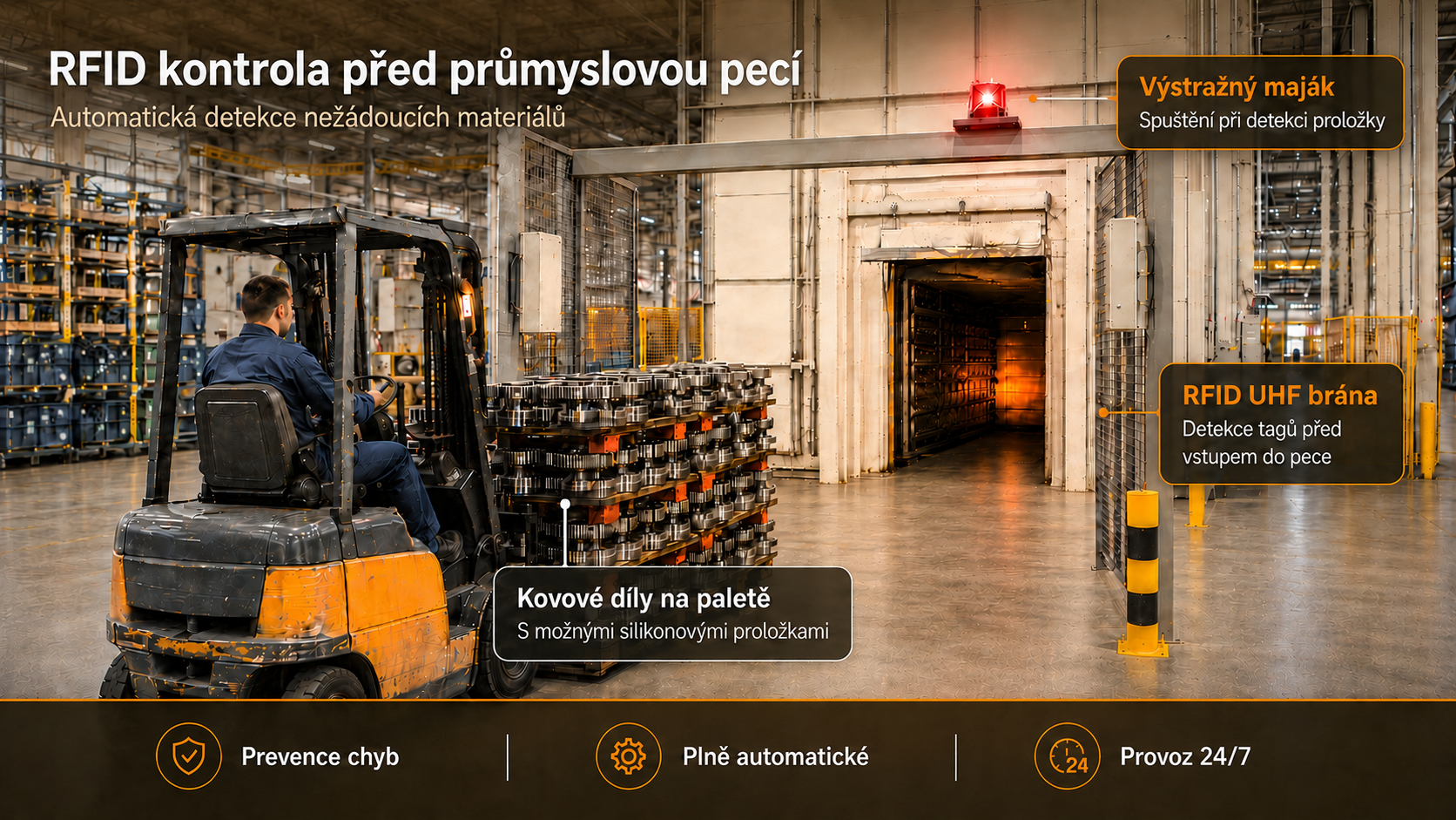 RFID br&aacute;na před průmyslovou pec&iacute; detekuje silikonov&eacute; proložky na paletě s kovov&yacute;mi d&iacute;ly