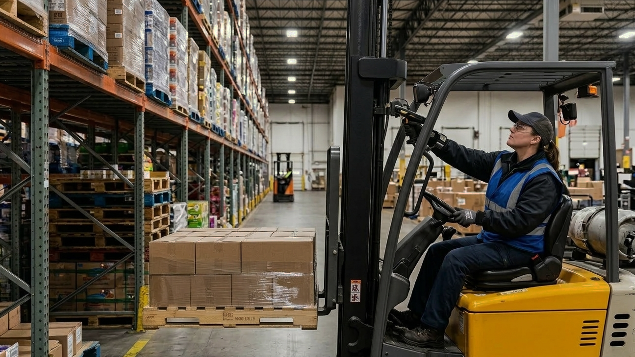 Řidič vysokozdvižn&eacute;ho voz&iacute;ku skenuje č&aacute;rov&yacute; k&oacute;d na vysok&eacute;m reg&aacute;lu ze sedačky voz&iacute;ku pomoc&iacute; long-range skeneru