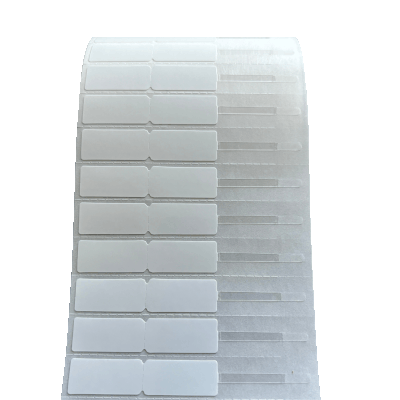 Samolepící etikety 22mm x 10mm, zlatnické, bílý PET + transparentní PP, 1250 et/kot. (cena za 1000 ks)