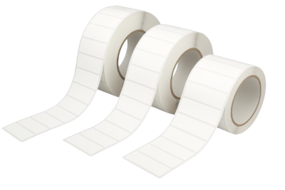 Nažehlovací etikety 53mm x 19mm, bílé textilní, 570 et/kot., D50mm (cena za roli)